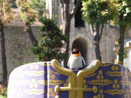 penguin sitting on dress statue