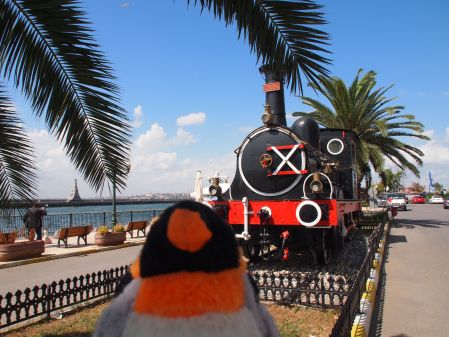 penguin in front of train