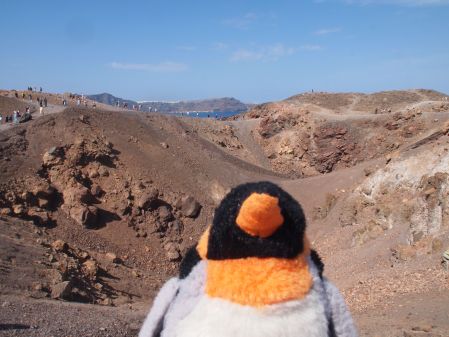 penguin on volcano