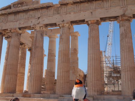 penguin infront of Parthenon