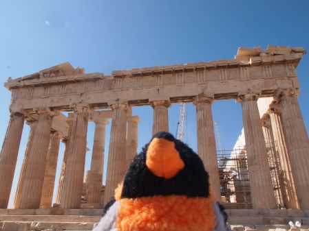 penguin infront of Parthenon