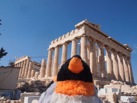 penguin infront of Parthenon