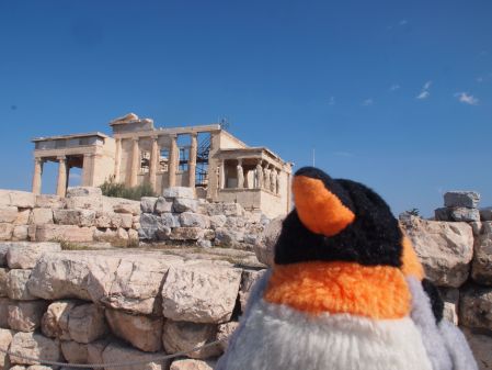 penguin infront of temple