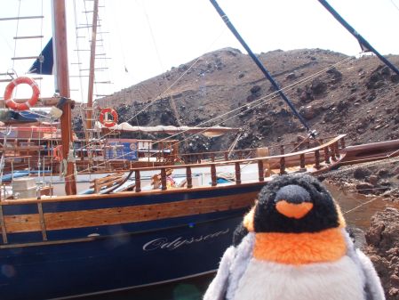 penguin next to pirate ship